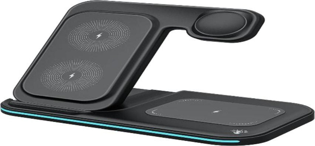 "3 in 1 Foldable Wireless Charger Stand for iPhone and Apple Devices" - A compact charging station designed to charge iPhone 15, 14, 13, 12, 11, Apple Watch 9-5, and AirPods Pro, featuring a sleek LED design.